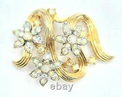 Trifari Alfred Philippe Goldtone Clear Rhinestone Flower Brooch Pin Signed