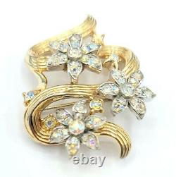 Trifari Alfred Philippe Goldtone Clear Rhinestone Flower Brooch Pin Signed