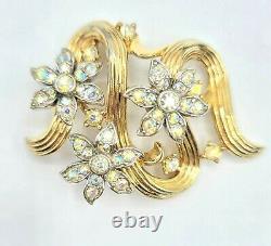 Trifari Alfred Philippe Goldtone Clear Rhinestone Flower Brooch Pin Signed