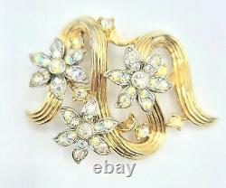 Trifari Alfred Philippe Goldtone Clear Rhinestone Flower Brooch Pin Signed