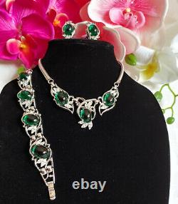 Trifari Alfred Philippe Green Cabochon Gran Parure Necklace-bracelate-earring