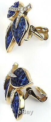 Trifari'Alfred Philippe' Invisibly Set Sapphire Leaves Clip Earrings