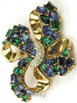Trifari Alfred Philippe Jeweled Symphony Emerald & Sapphire Golden Bow Pin