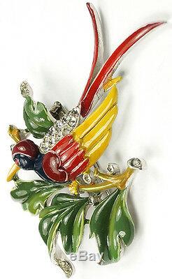 Trifari'Alfred Philippe' Large Enamelled Bird on a Branch Pin Clip