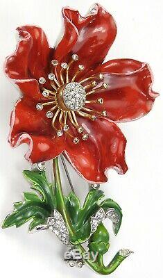 Trifari'Alfred Philippe' Large Pave and Red Enamel Rose Flower Pin Clip