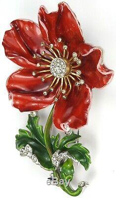 Trifari'Alfred Philippe' Large Pave and Red Enamel Rose Flower Pin Clip