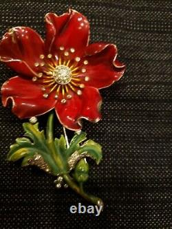 Trifari'Alfred Philippe' Large Pave and Red Enamel Rose Flower Pin Clip. Unique