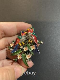 Trifari'Alfred Philippe' Pair of Love Birds Pin Clip On Branches with Flowers