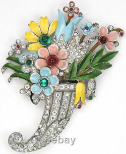 Trifari'Alfred Philippe' Pave Enamel Cabochons Flowers Cornucopia Pin Clip