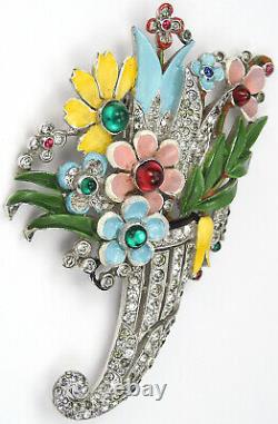 Trifari'Alfred Philippe' Pave Enamel Cabochons Flowers Cornucopia Pin Clip