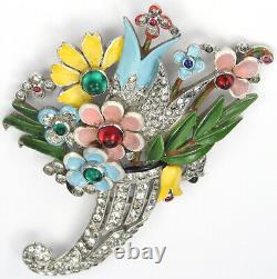 Trifari'Alfred Philippe' Pave Enamel Cabochons Flowers Cornucopia Pin Clip