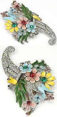 Trifari'Alfred Philippe' Pave Enamel Cabochons Flowers Cornucopia Pin Clip