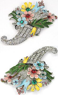 Trifari'Alfred Philippe' Pave Enamel Cabochons Flowers Cornucopia Pin Clip