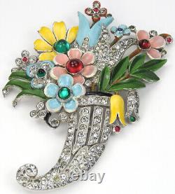 Trifari'Alfred Philippe' Pave Enamel Cabochons Flowers Cornucopia Pin Clip