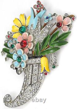 Trifari'Alfred Philippe' Pave Enamel Cabochons Flowers Cornucopia Pin Clip