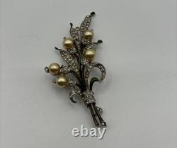 Trifari Alfred Philippe Pave Enamel Leaves Pear Flowers Floral Spray Clip READ