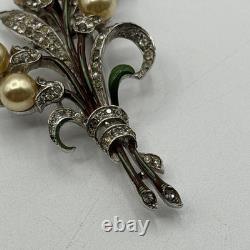 Trifari Alfred Philippe Pave Enamel Leaves Pear Flowers Floral Spray Clip READ