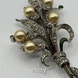Trifari Alfred Philippe Pave Enamel Leaves Pear Flowers Floral Spray Clip READ