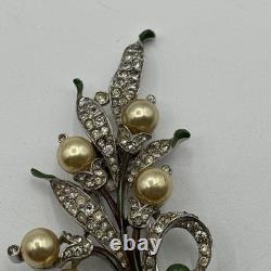 Trifari Alfred Philippe Pave Enamel Leaves Pear Flowers Floral Spray Clip READ