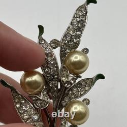 Trifari Alfred Philippe Pave Enamel Leaves Pear Flowers Floral Spray Clip READ