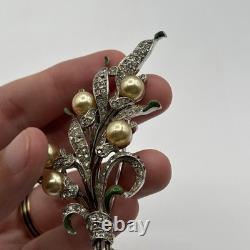 Trifari Alfred Philippe Pave Enamel Leaves Pear Flowers Floral Spray Clip READ
