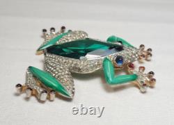 Trifari'Alfred Philippe' Pave Enamel Ruby Cabochons Emerald Tree Frog Pin Clip