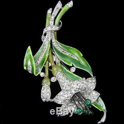 Trifari'Alfred Philippe' Pave Enamel and Emerald Cabochons Lily Pin Clip