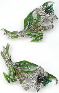Trifari'Alfred Philippe' Pave Enamel and Emerald Cabochons Lily Pin Clip