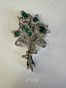 Trifari'Alfred Philippe' Pave Enamel and Emerald Crystals 5 Flowers Pin Clip
