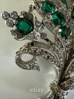 Trifari'Alfred Philippe' Pave Enamel and Emerald Crystals 5 Flowers Pin Clip