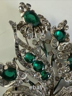Trifari'Alfred Philippe' Pave Enamel and Emerald Crystals 5 Flowers Pin Clip