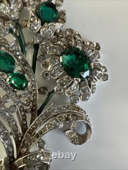 Trifari'Alfred Philippe' Pave Enamel and Emerald Crystals 5 Flowers Pin Clip
