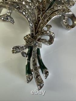Trifari'Alfred Philippe' Pave Enamel and Emerald Crystals 5 Flowers Pin Clip