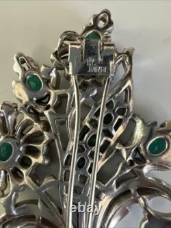 Trifari'Alfred Philippe' Pave Enamel and Emerald Crystals 5 Flowers Pin Clip