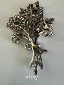 Trifari'Alfred Philippe' Pave Enamel and Emerald Crystals 5 Flowers Pin Clip