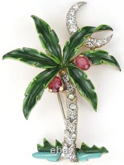 Trifari'Alfred Philippe' Pave Enamel and Ruby Coconuts Palm Tree and Moon Pin