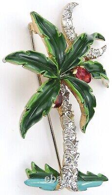Trifari'Alfred Philippe' Pave Enamel and Ruby Coconuts Palm Tree and Moon Pin