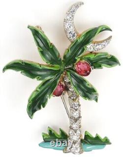 Trifari'Alfred Philippe' Pave Enamel and Ruby Coconuts Palm Tree and Moon Pin