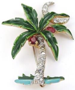 Trifari'Alfred Philippe' Pave Enamel and Ruby Coconuts Palm Tree and Moon Pin