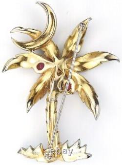 Trifari'Alfred Philippe' Pave Enamel and Ruby Coconuts Palm Tree and Moon Pin