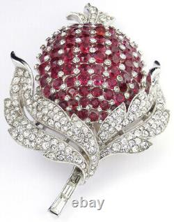 Trifari'Alfred Philippe' Pave Leaves and Open Set Rubies Red Pineapple Pin