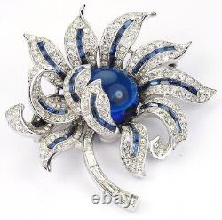 Trifari'Alfred Philippe' Pave Sapphire Baguettes and Cabochon Peony Flower Pin
