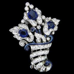 Trifari Alfred Philippe Pave Sapphire Blue Enamel Cornucopia 3 Flowers Pin Clip