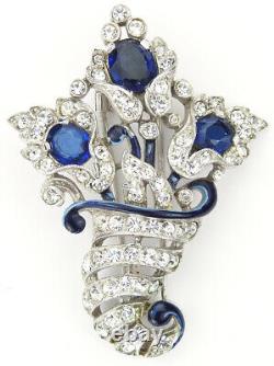 Trifari Alfred Philippe Pave Sapphire Blue Enamel Cornucopia 3 Flowers Pin Clip