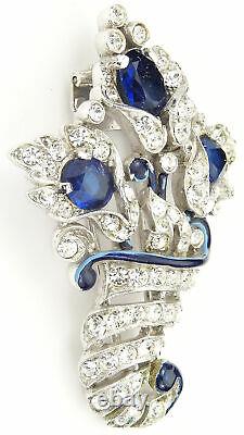 Trifari Alfred Philippe Pave Sapphire Blue Enamel Cornucopia 3 Flowers Pin Clip