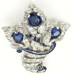 Trifari Alfred Philippe Pave Sapphire Blue Enamel Cornucopia 3 Flowers Pin Clip