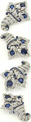 Trifari Alfred Philippe Pave Sapphire Blue Enamel Cornucopia 3 Flowers Pin Clip