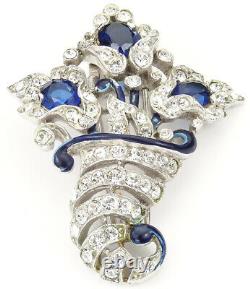 Trifari Alfred Philippe Pave Sapphire Blue Enamel Cornucopia 3 Flowers Pin Clip