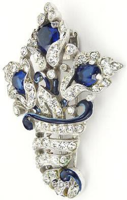 Trifari Alfred Philippe Pave Sapphire Blue Enamel Cornucopia 3 Flowers Pin Clip