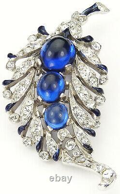 Trifari'Alfred Philippe' Pave Sapphire Cabochons and Blue Enamel Leaf Pin Clip